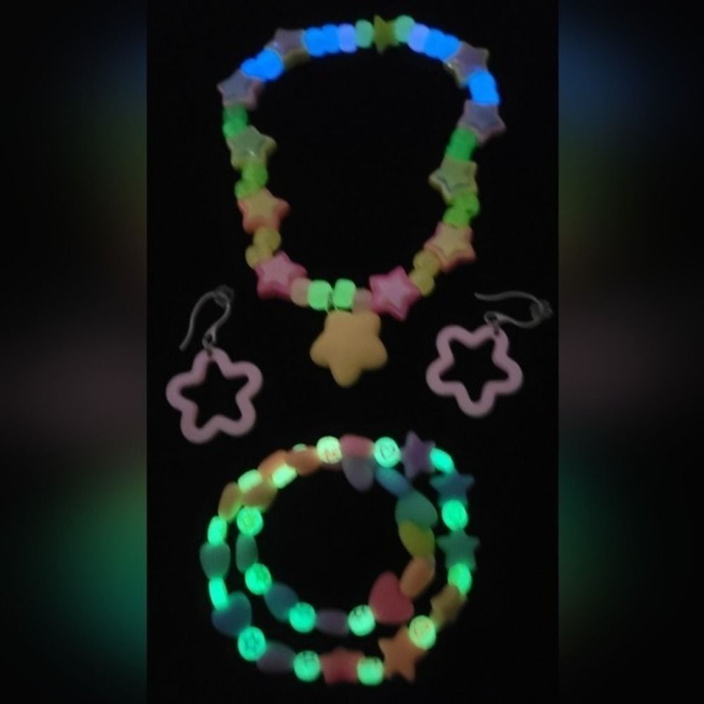Rave glow Star 4pc choker double bracelet earrings (kandi Rainbow Brite)